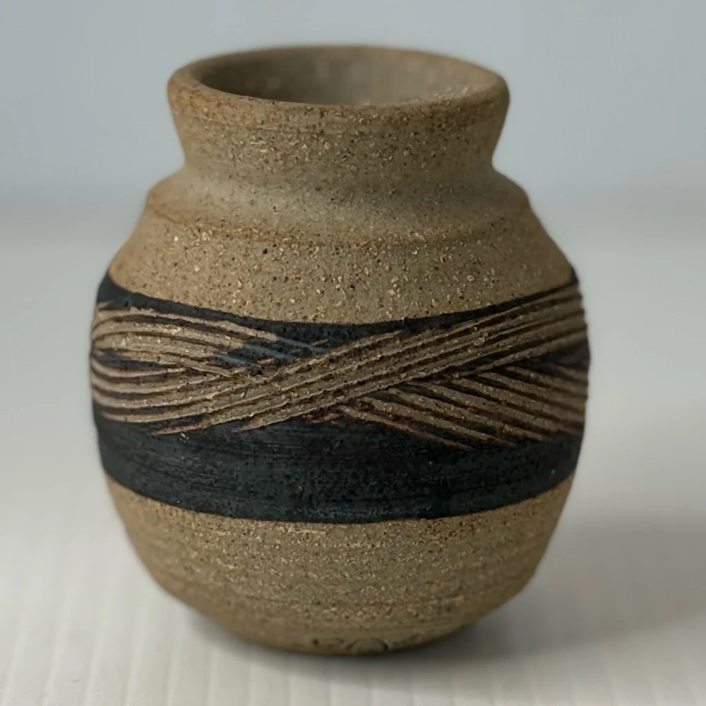 Handmade Studio Art Pottery Vase Vessel Sand Texture Etched Design Artist Signed